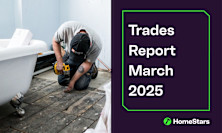 Banner for Homestars trade shortages march study. On the right a tradesperson is working on the wooden floors of a bathroom