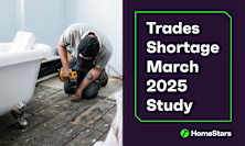 Banner for Homestars trade shortages march study. On the right a tradesperson is working on the wooden floors of a bathroom