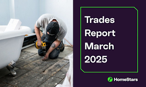 Banner for Homestars trade shortages march study. On the right a tradesperson is working on the wooden floors of a bathroom