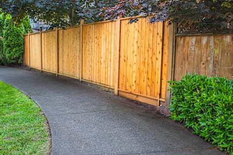 A large new wooden fence encloses a house and garden. The tall panels provide privacy and a natural look.