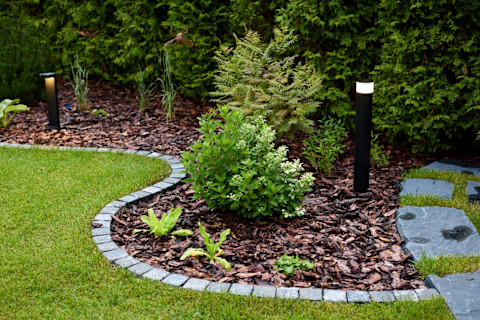 A green field of grass with a curved border with tiles and plants, in a garden outdoors.
