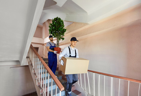 Two men are carrying moving boxes down some stairs. 
