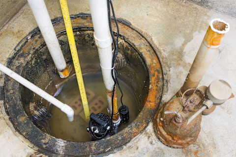 Sump pump installation in a basement pit for water drainage and flood prevention. Close-up view of a sump pump system with discharge pipes. Professional basement waterproofing and sump pump maintenance.