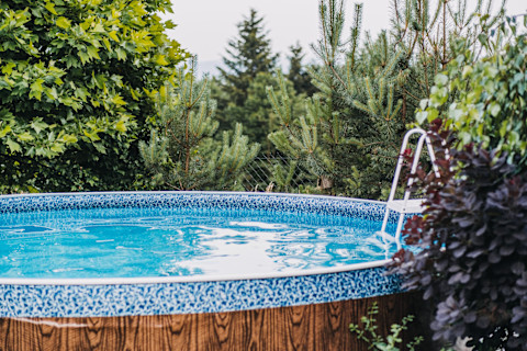 This image shows an above-ground pool filled with a wood effect on the sides. It is surrounded by evergreen trees there is a step ladder leading into the water.