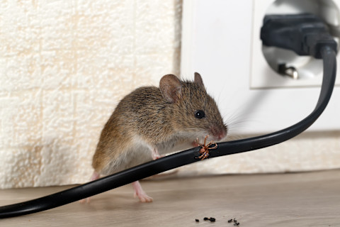 his image shows a brown mouse gnawing on a black electrical wire on a kitchen worktop in a house.