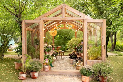 A wooden garden greenhouse with glass walls and ceiling. Open doors reveal numerous potted plants inside and in front of the doors.