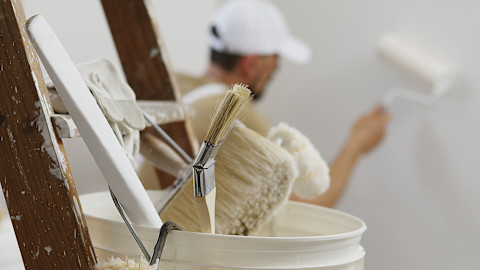 A close up of interior painting tools