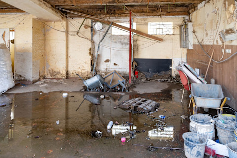 This image shows extensive water damage in a home’s basement or garage. There is water on the floor, mould on the walls and damage to the ceiling beams.