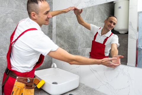 A man is installing a mirror in a new bathroom