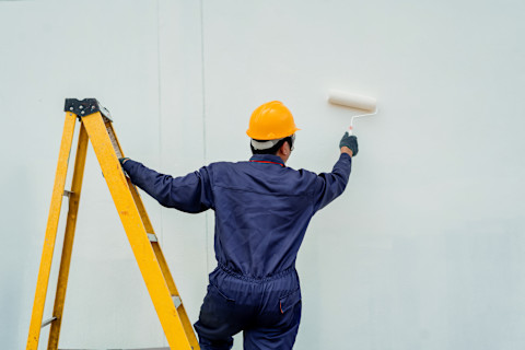 A painter stands on a ladder holding a paint roller. Fresh walls and open space surround him.
