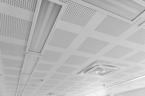 This image shows acoustic ceiling tiles and lighting in a commercial space.