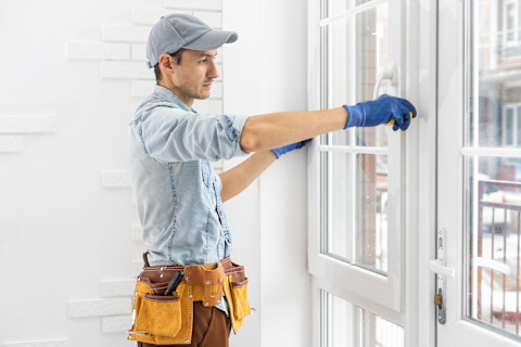 A worker installs a new plastic PVC window in a building. The frame is positioned carefully into the opening.