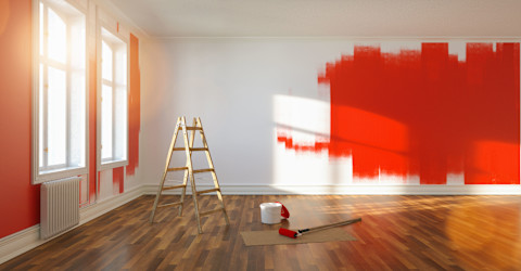 A man paints an interior wall red inside an apartment. The room appears freshly renovated with clean surfaces.