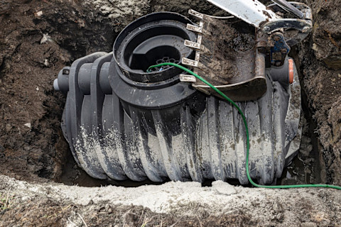 This image shows a black plastic in the ground with a green hose pipe leading into it.