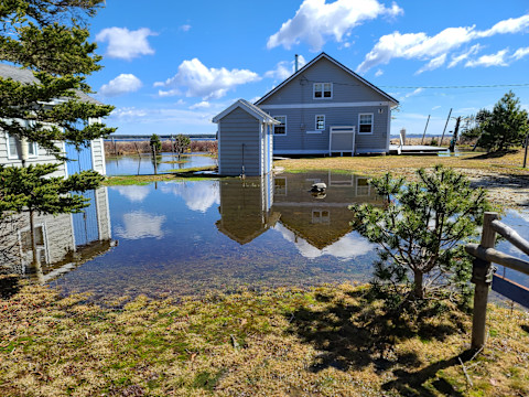 A house with overland water flooding around it.