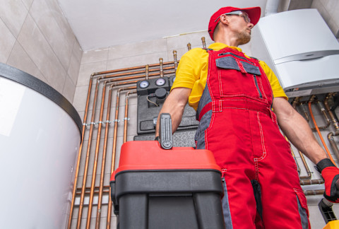 A man in a plumbers uniform with a toolbox in hand stands before a boiler and a system of copper pipes in a bathroom.