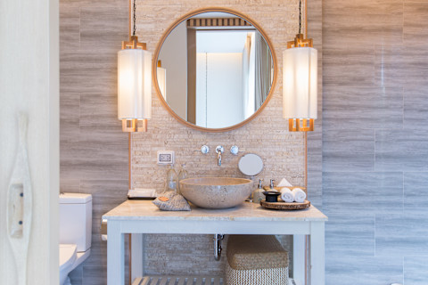 Bathroom with ambient lighting in it.